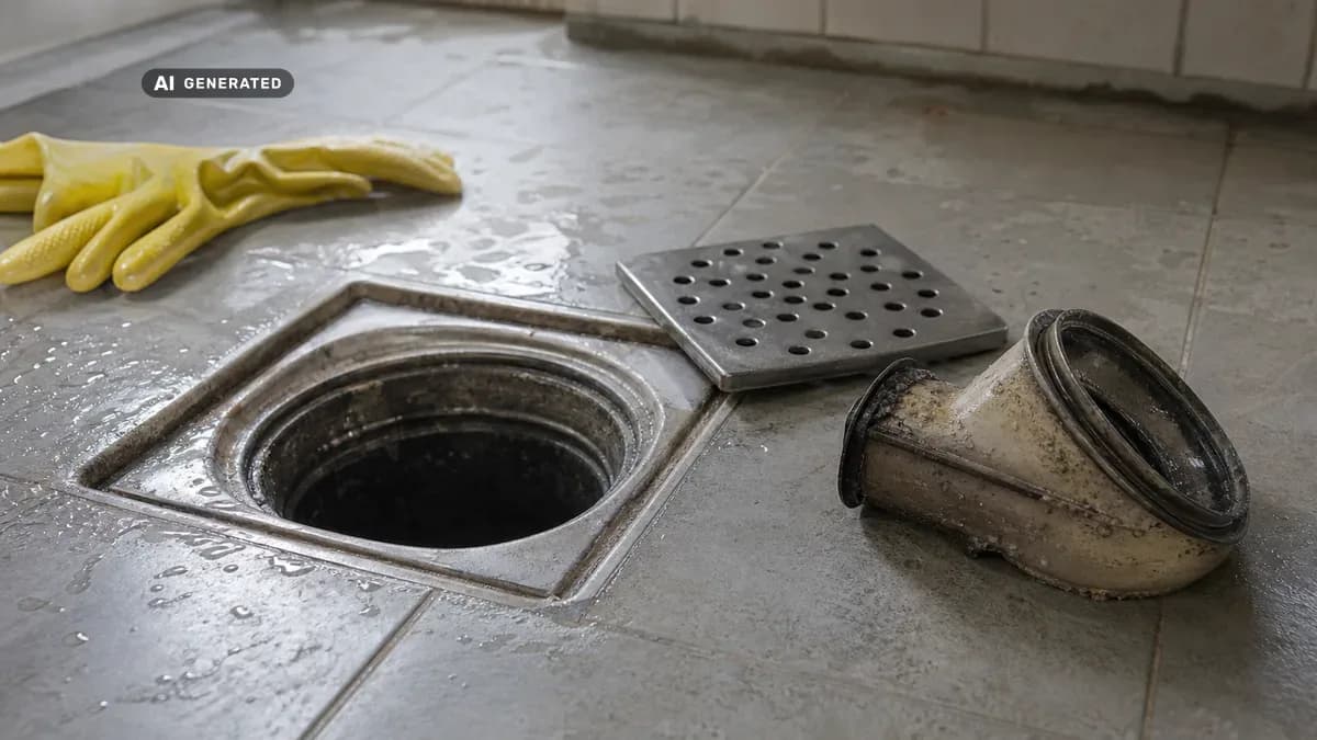 KI-generiertes Bild: Offener Bodenablauf in einem gefliesten Keller, das Edelstahl-Ablaufgitter abgenommen, daneben der ausgebaute Einsatz des Geruchsverschlusses und ein Paar Gummihandschuhe
