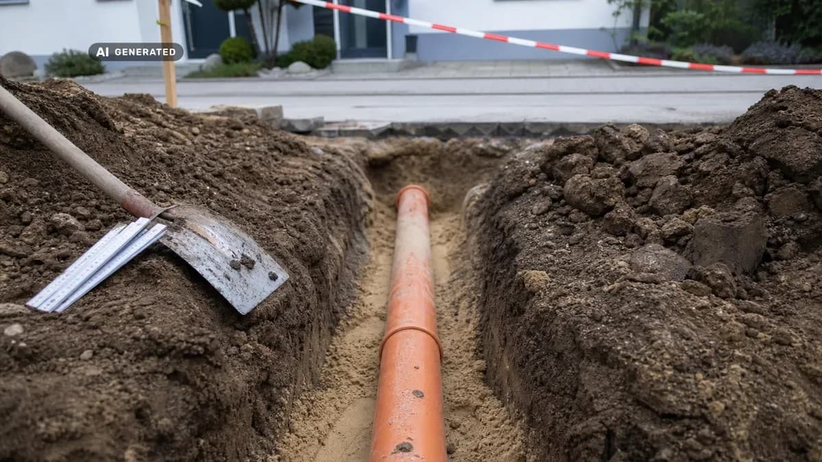 KI-generiertes Bild: Ausgehobener Graben vor einem Einfamilienhaus, darin ein neu verlegtes orangefarbenes Abwasserrohr in Richtung Straßenkanal, Baustelle im Münchner Umland