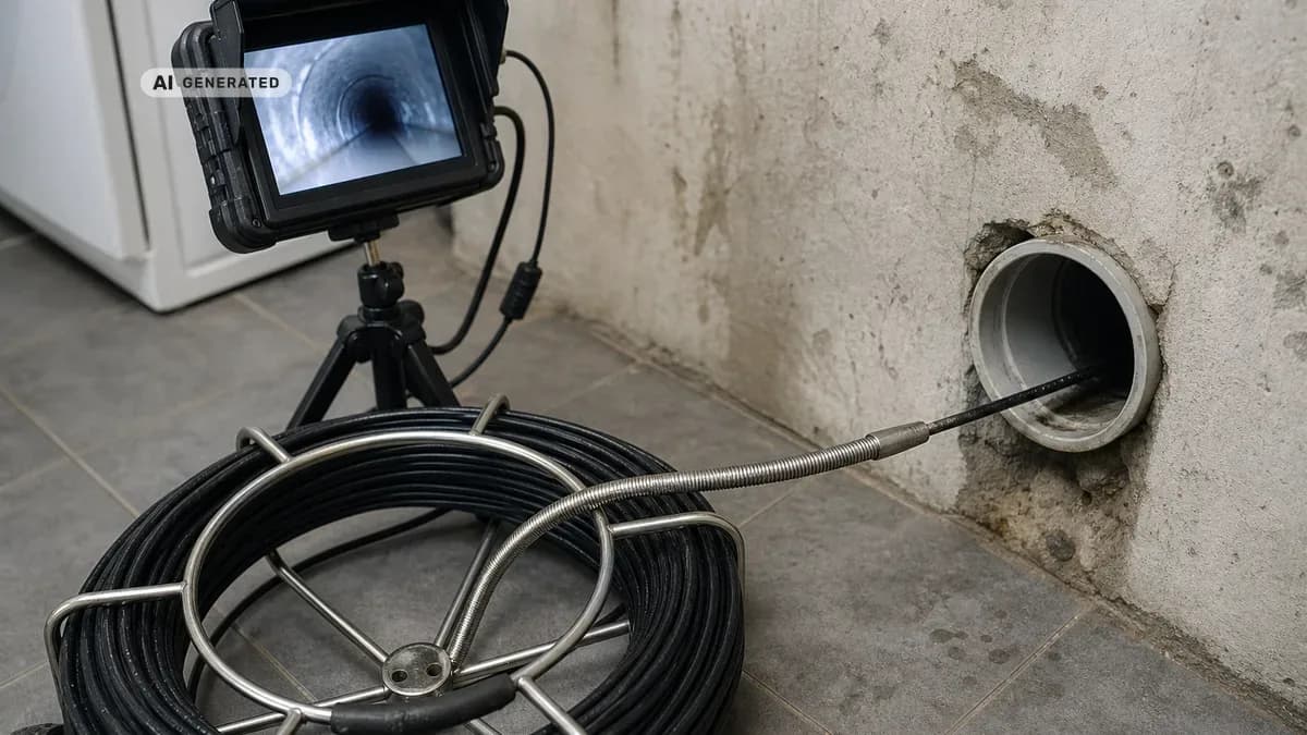 KI-generiertes Bild: Techniker führt eine Rohrkamera in eine geöffnete Abwasserleitung und verfolgt das Live-Bild auf einem Monitor