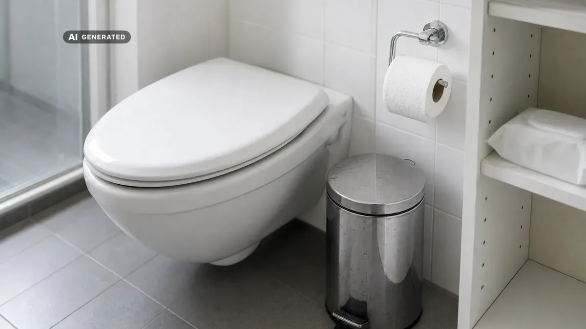 KI-generiertes Bild: Helles Badezimmer mit weißer Toilette, daneben ein kleiner Treteimer mit Deckel, eine Toilettenpapierrolle im Halter und eine Packung Feuchttücher auf der Ablage